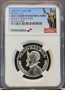 1966 PANAMA SILVER 1/2 BALBOA NGC PF 68 ULTRA CAMEO MINT ERROR STRUCK THRU - Picture 1 of 3