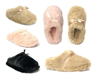 New Girls Faux Fur Slipper Butterfly Bow Plush Slipper Shoe - Picture 1 of 10