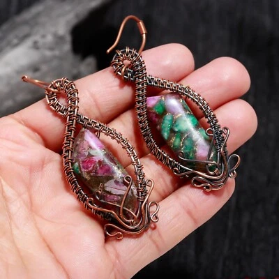 Spiny Copper Turquoise Gemstone Handmade Wire Wrapped Copper Jewelry Earring - Image 1 of 4