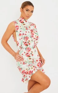 Pretty Little Thing Ladies Green Red Pink High Neck Bodycon Dress Size 6 New - Picture 1 of 6