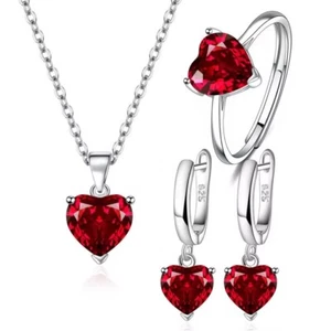 925 Silver plated-Heart Zirconia Jewelry Gift Sets-Pendant| Earrings | Ring -RED - Picture 1 of 7