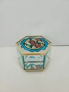 Vtg Hexagon Floral Brass Trinket Jewelry Box Stained Glass Mirrored Pink & Blue - Picture 1 of 6