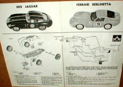 Strombecker XKE Jaguar + Ferrari Berlinetta Slot Car Hoja de montaje FOTO COPIA Foto 1 de 4