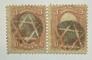 US #65 1862 3c rose Wash. used horiz.pair “Reverse Star of David” Fancy postmark - Picture 1 of 3