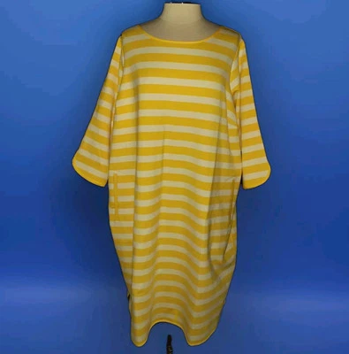 Vestido LANDS' END Plus Size 26W listras brancas amarelas manga 3/4 malha ponte - Imagem 1 de 4