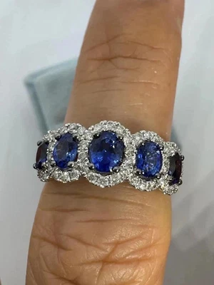 Anillo Banda Media Eternidad Corte Ovalado 3Ct Zafiro Creado en Laboratorio Chapado en Oro Blanco 14K Foto 1 de 4