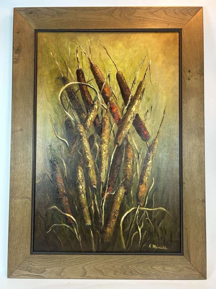Pintura a óleo original Helene Minelli Cattails cena natural rústica emoldurada 42x30 - Imagem 1 de 4