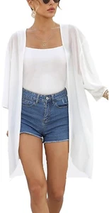 Cremefarbenes Chiffon Cardi vielseitige einfarbige leichte durchsichtige offene Frontjacke - Bild 1 von 5
