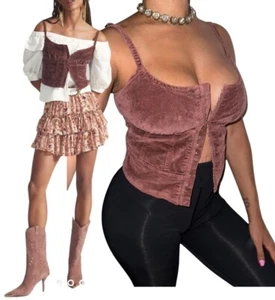 Anthropologie Pilcro Corduroy Corset Tank Top Sz 4 XS Smocked Back Hook Eye Sexy - Picture 1 of 9