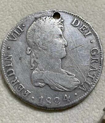 1824 PJ Bolivia 8 Reales Milled Bust Ferdinand VII World Silver Shot Coin Potosi - Image 1 of 4