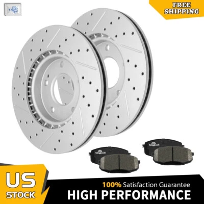 Front Drilled & Slotted Disc Brake Rotors + Ceramic Brake Pads Kit for Kia Soul - Image 1 of 4