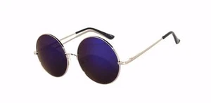 Retro Round Vintage Sunglasses Blue Mirror Lens Metal Silver Spring Hinge 56 mm - Picture 1 of 5