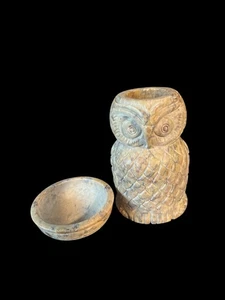 Carved Owl Holder Oil Burner Diffuser 4 3/4 Height 2 Piece Soapstone Tealight - Picture 1 of 6
