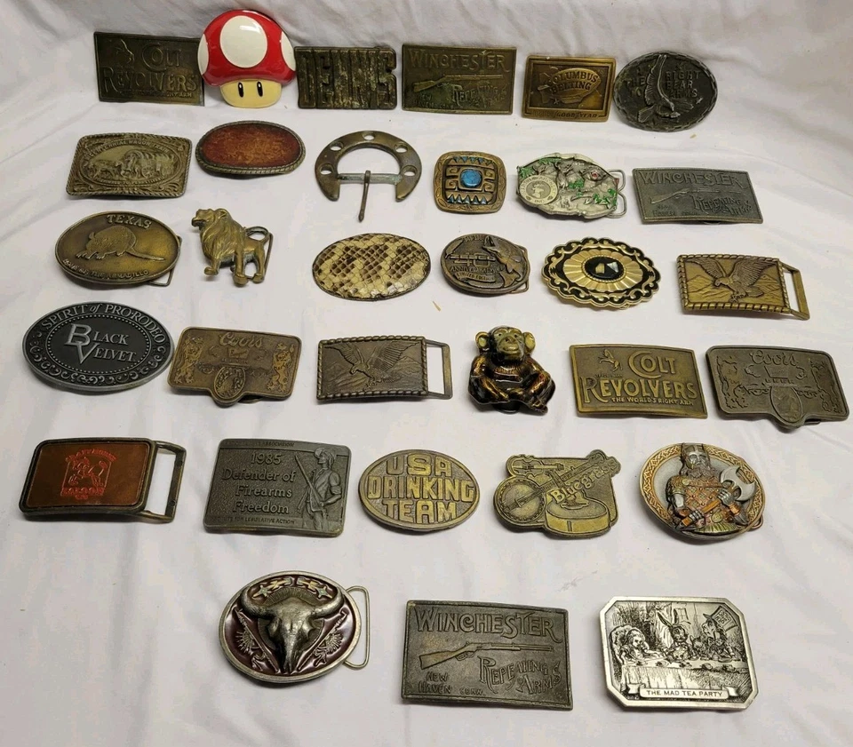 32 Vintage Belt Buckles Lot Mixed Brass Steel Aluminum Metal - Image 1 of 4