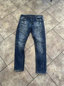 Jeans Decibel para hombre 36x33 lavado medio azul elástico denim desgastado y parcheado - Imagen 1 de 10