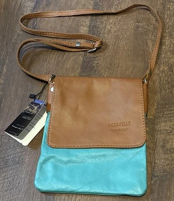 Vera Pelle Leather Crossbody Bag Messenger Purse Bag Brown Turquoise - Image 1 of 4