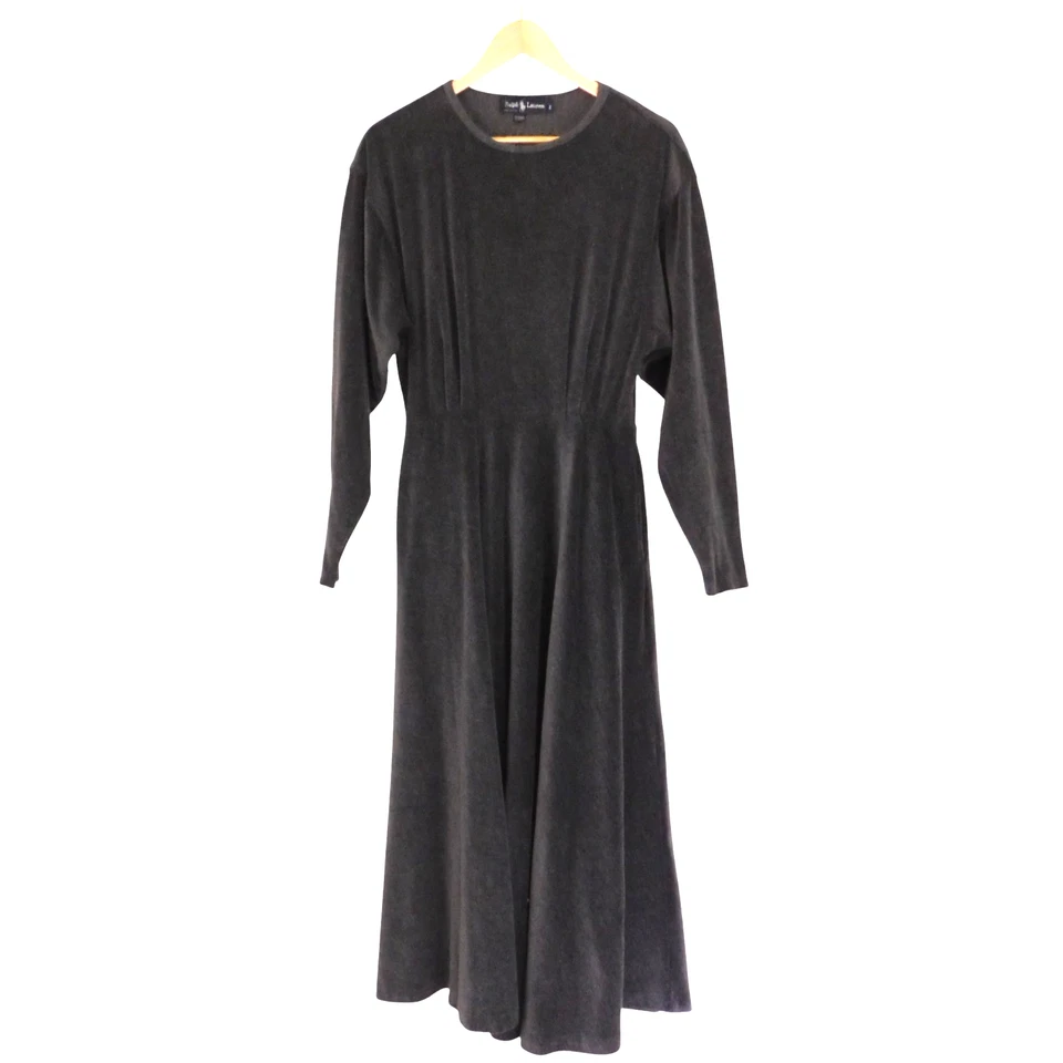 Ralph Lauren Long Dress Maxi Velour Velvet Whimsygoth Gray Long Sleeves Medium - Image 1 of 4
