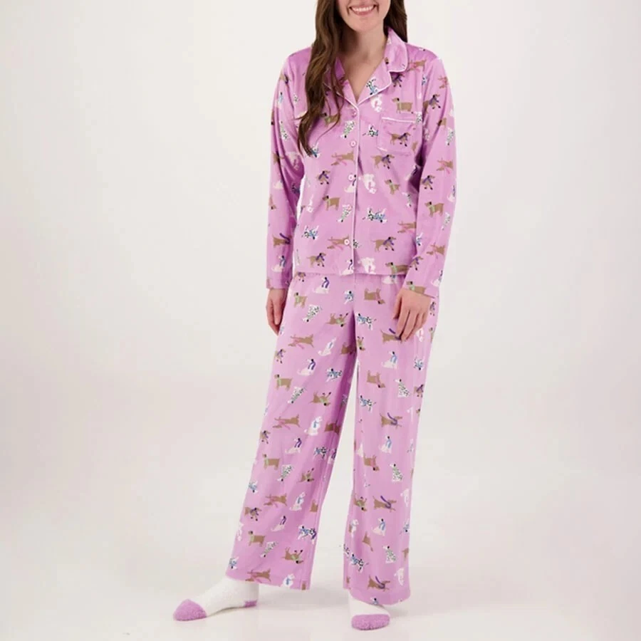 Conjunto de pijama de lujo para mujer Karen Neuburger estampado de perro Minky polar mediano Foto 1 de 4
