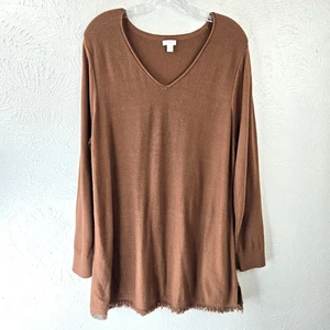 JJill Lagenlook Tunic Top XL Dark Brown Minimalist Primitive Raw Hem Long Sleeve - Picture 1 of 14