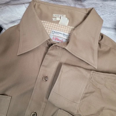 Vtg 70s Christian Dior B Altman Co Mens Large Button-Up Shirt Khaki BC Hong Kong - Image 1 of 4