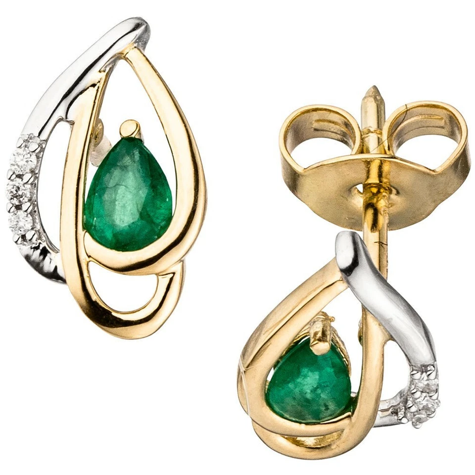 Paar Ohrstecker mit 6 Diamanten Brillanten grüne Smaragde Tropfenform, 585 Gold - Bild 1 von 1