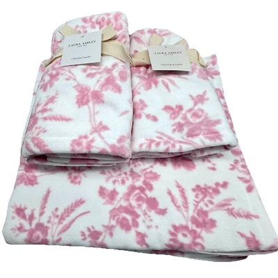 6pc Laura Ashley Pink Toile Floral Velour Bath Hand Tip Towel Set Flowers NEW - Image 1 of 4