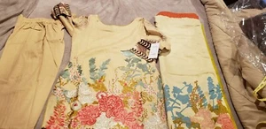 Pakistani/Indian Beige 3 Piece suit, Printed, Embroidered, Khaddar,  - Picture 1 of 5