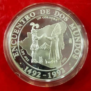 NICARAGUA. AÑO 1991. ENCUENTRO ENTRE DOS MUNDOS. 1 CORDOBA PLATA. PESO 27 GR - Picture 1 of 2