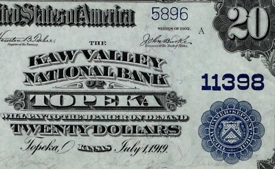 1902 $20 Kaw Valley National Bank of Topeka Kansas S/N 5896 Charter #11398 PMG63 - Image 1 of 4