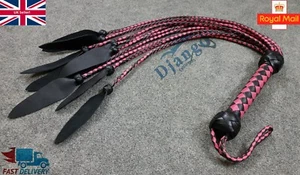 Genuine Cat-O-Nine Tails Cowhide Leather Flogger Pink & Black Whip Adult Play - Picture 1 of 7