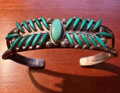 Vintage Zuni turquoise needlepoint silver cuff delicate aging beautifully - Image 1 of 4