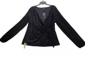 Alfani Velvet Blouse Womens Size Large Petite Side Knot Long Sleeve Black M773 - Picture 1 of 5