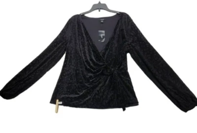 Blusa de terciopelo Alfani para mujer talla grande pequeña nudo lateral manga larga negra M773 Foto 1 de 4