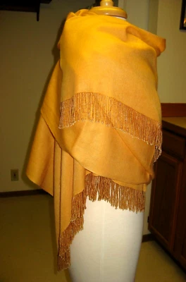 New Marigold Cashmere Wool Bead Fringe Indian Shawl 29" x 95" - Image 1 of 4
