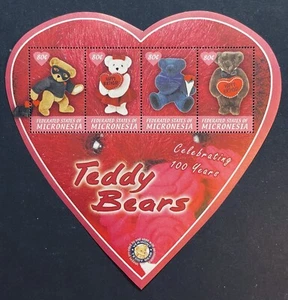 MICRONESIA TEDDY BEAR 100TH ANNIVERSARY HEART SHAPED STAMPS SHEET 2002 MNH SHAPE - Picture 1 of 1