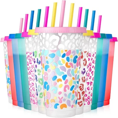 Plastic Cups with Lids and Straws 12 Pcs Solid & Patterned - Image 1 of 4