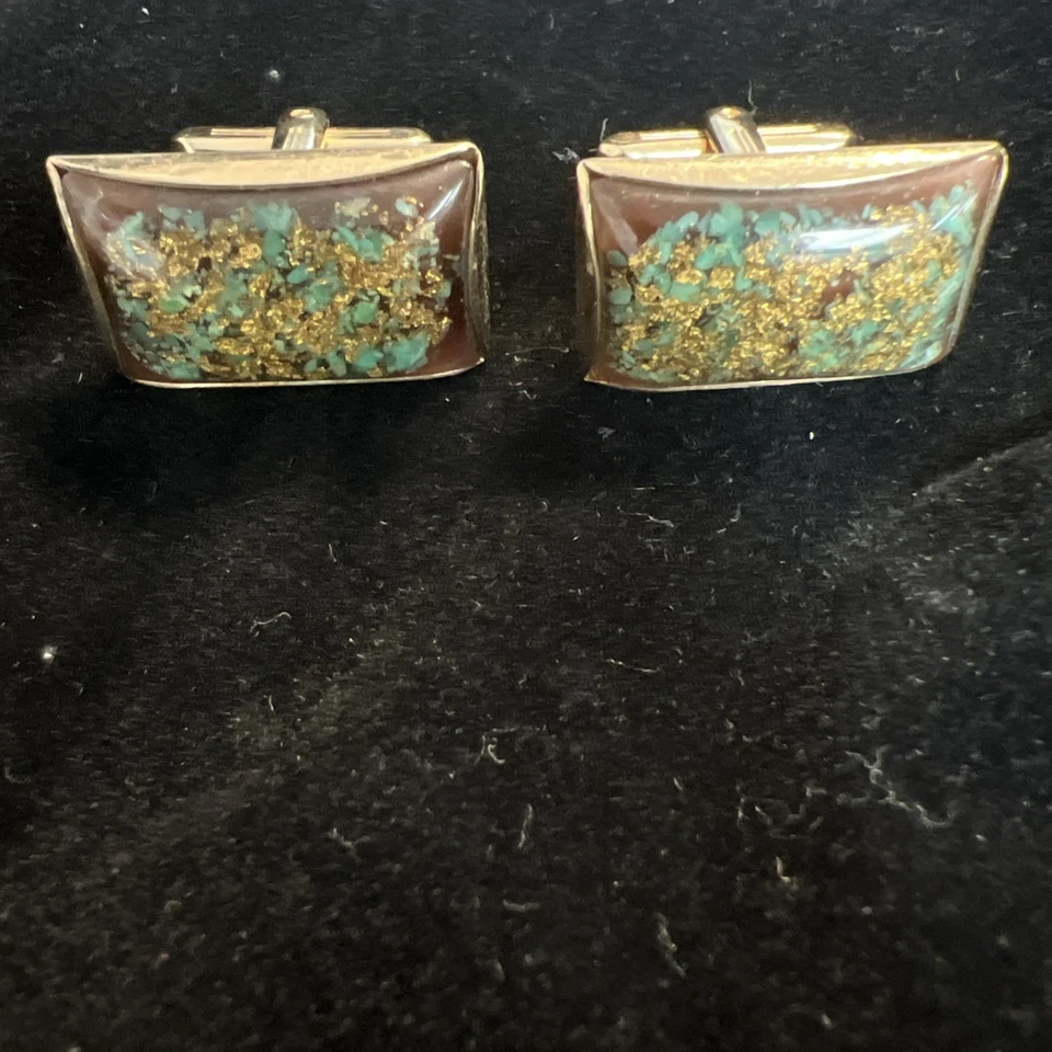 Vintage Hickok Cufflinks Turquoise Chip Gold Flake Lucite Inlay Rectangular... - Image 1 of 3