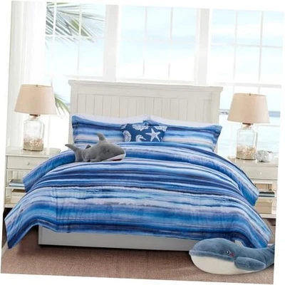  Juegos de cama de playa a rayas 6 piezas edredón blanco costero a rayas azul completo Foto 1 de 4