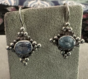 Vintage Sterling Silver Blue Topaz Bali Hook Earrings BA Suarti - Picture 1 of 6