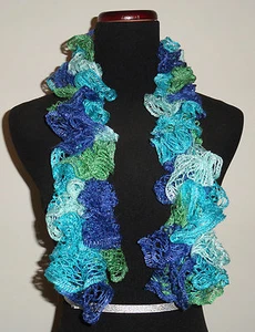 Youth Handmade Knitted Blues Greens Ruffle Ruffled Scarf Like Tie Dye Dyed Lace  - Picture 1 of 3