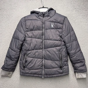 Spyder Boys Puffer Jacket Medium Gray Full Zip Outdoor Hiking Hooded Winter FLAW - Picture 1 of 15