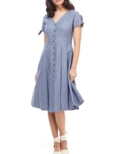 Gal Meets Glam Shirt Dress Linen Cotton Blue Midi Short Sleeve Button Up Sz 8 - Picture 1 of 8