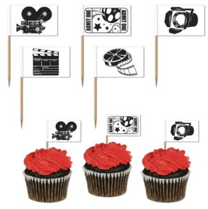 HOLLYWOOD MOVIE SET FOOD PICKS TOPPERS PARTY TABLE DECORATIONS LIGHTS CAMERA - Picture 1 of 3
