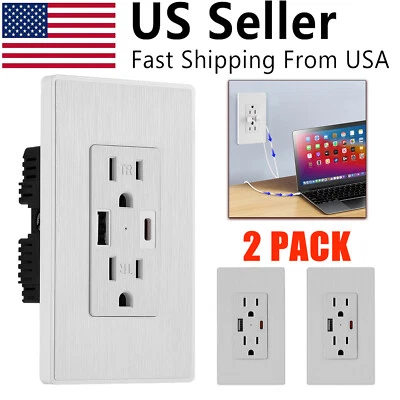 2X Wall Charger Socket Outlet Dual USB Type C/A Ports Electrical Receptacles 15A - Image 1 of 4
