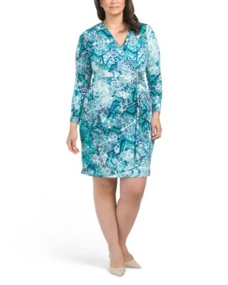 Calvin Klein Womens Blue Green Print Faux Wrap Sheath Dress Plus Sz 16 W New - Image 1 of 4