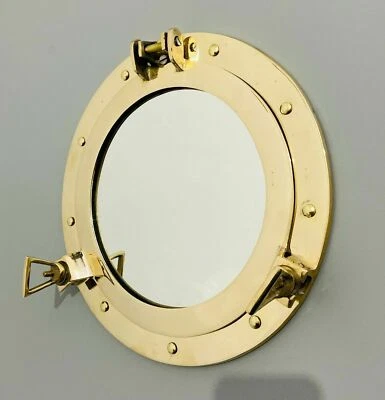 11" Antique Brass Finish Porthole Mirror Nautical Maritime Wall Decor Window - Image 1 of 4