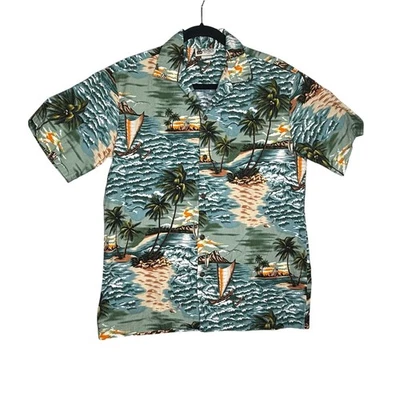 Aloha Republic Hawaiian Shirt Mens Medium Tropical Island Canoe Palm Tree Button - Image 1 of 4
