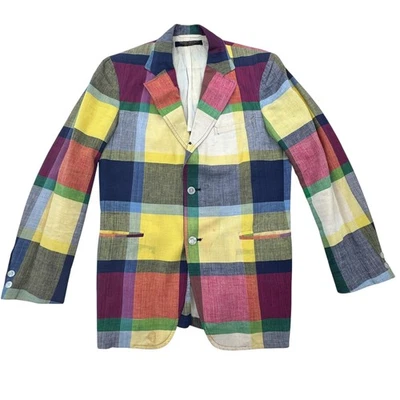 Brooks Brothers Blazer Mens 38 Large Plaid Madras Patchwork Linen Jacket Preppy - Image 1 of 4