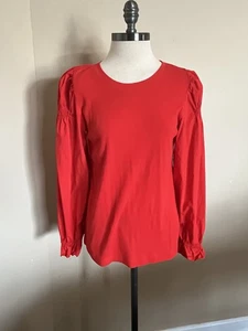 LOFT Womens Red Puff Sleeve Blouse Size M Ribbed Knit Long Sleeve Top - Picture 1 of 8