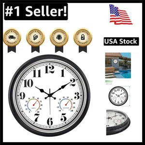 16-Inch Vintage Silver Waterproof Wall Clock with Thermometer for Home & Garden - Picture 1 of 9